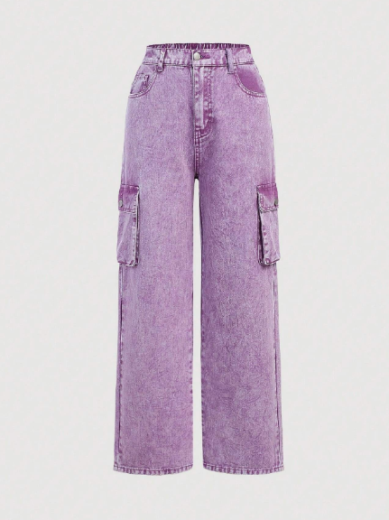SHEIN Teen Girl Y2K Violet Street Style Washed Casual Fashion Straight Leg Jeans With Utility Details,Spring/Summer