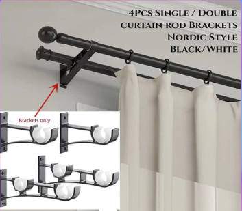 4Pcs Double Curtain Rod Bracket Holder Set Metal Heavy Duty Base Rod Pole Window Track Holder