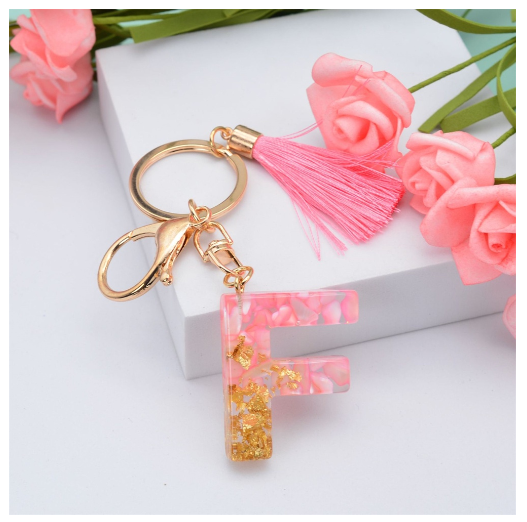 Pink Tassel Gold Foil 26 Letter Pendent Keychain for Women Resin Keyrings Girls Bag Ornamant Accessories Gifts F