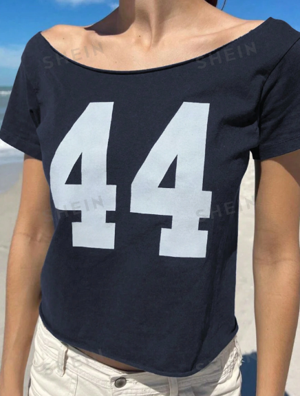 SHEIN EZwear Women's Summer Digit Printed Asymmetrical Neck Short Sleeve Casual T-Shirt