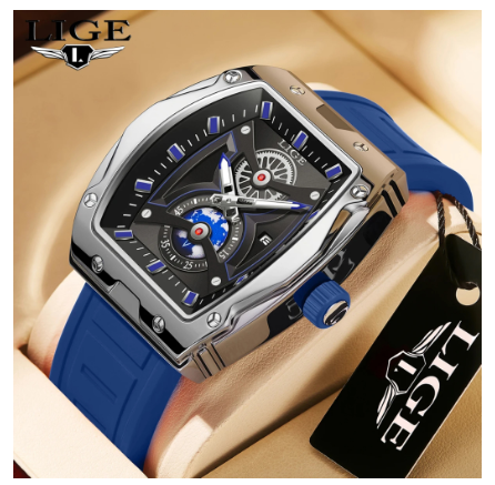 LIGE Business Relo Men Original Fashion Steel Solid Square WristWatch Casual Sport Waterproof Luminous Quartz Watch BLUE