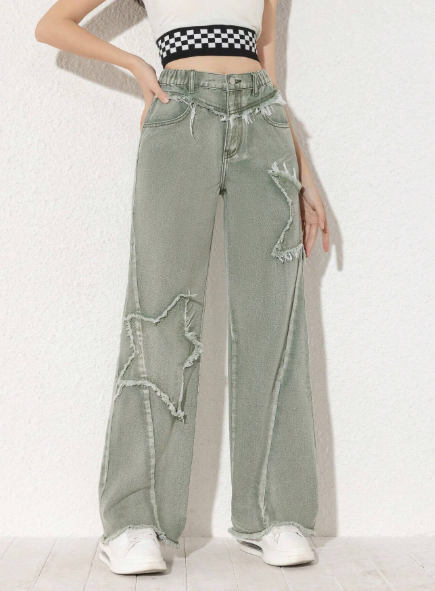 Retrotrend Kids Teen Girls' New Fashion Casual Star Pattern Patchwork Light Green Washed Jeans Straight Leg Pants