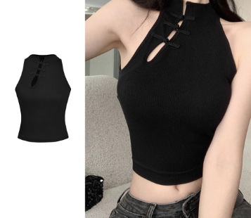 Lovito Women Casual Plain Button Tank Top L71ED219 Black