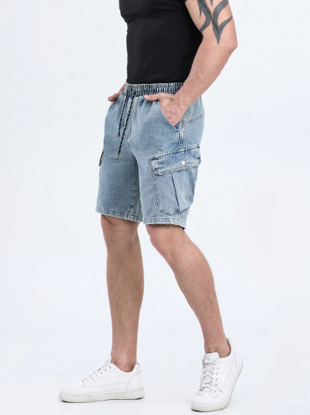 Men's Drawstring Elastic Waist Flap Pocket Straight Cargo Jean Denim Shorts