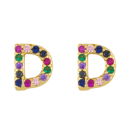 New European and American Fashion Gold 26 Letters Colorful Zircon Alphabet Stud Earrings Women Jewelry Gifts D