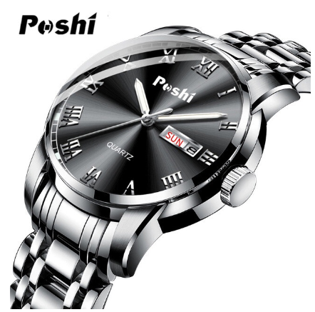 POSHI Men Watch Waterproof Steel Belt Dive Sports Quartz Original For Gold Dual Calendar Luminous 07