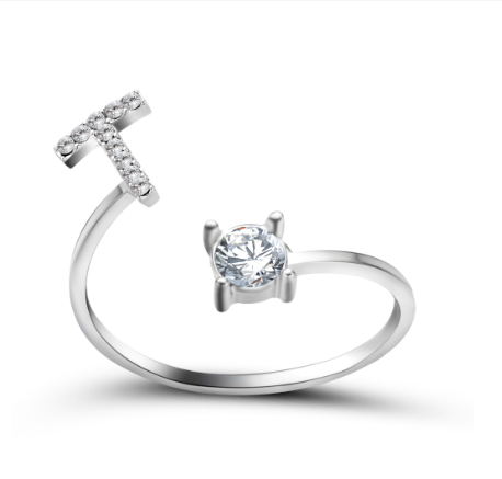 Silver A-Z Letters Ring for Women Cubic Zirconia Initial Letter Ring Fashion Jewelry Gift Adjustable T