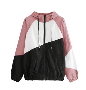 Hooded Three Tone Windbreaker Jacket Zipper Pockets Coats