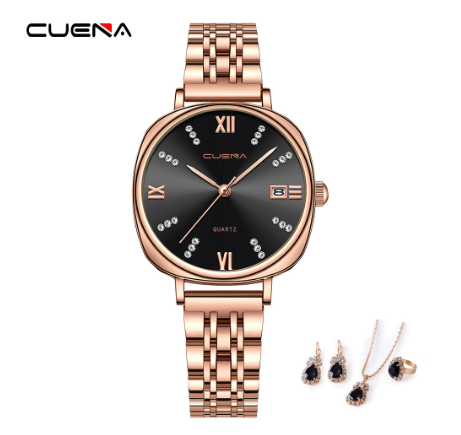 CUENA Original Women Watches Stainless Steel Waterproof Unique Creative Small Dial Fashion Casual Business Sports Quartz Analog Watch ROSEGOLD BLACK