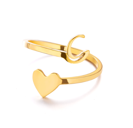 Gold Stainless Steel A-Z Rings Initial Letters Heart Rings Women Fashion Non Fading Jewelry Adjustable G