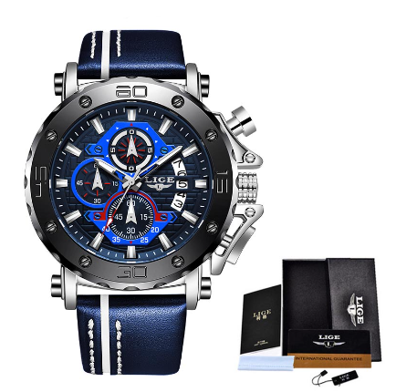 LIGE Official Men Watch Leather Watch Mens Sport Waterproof Quartz Watch Chronograph Wristwatch For Men SILVER BLUE