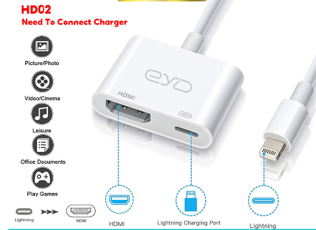 EYD HD02 Lightning to HDMI Adapter Cable for iPhone iPad 4K 1080P HD Digital TV Monitor Projector Converter with Charging Port