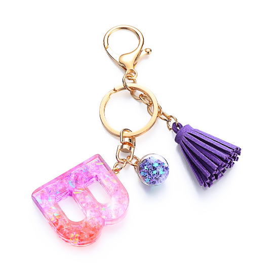 Cute Creative 26 Letter Alphabet Crystal Glitter Resin Keychain Women Tassels Keyring Car Key Holder Bag Charms Accessories B