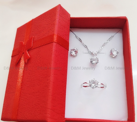 D&M Jewelry 925 Silver Set 3in1 Earrings Necklace Ring Size Adjustable