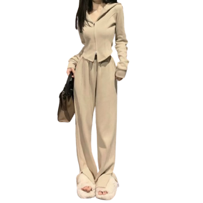 Lovito Women Pocket Zipper Split Front Front Zip Pants Set LNA29162 (Khaki)