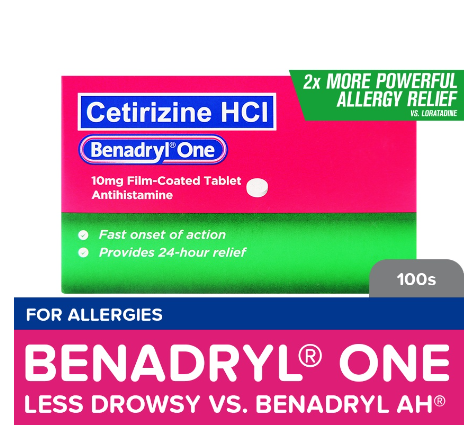 Benadryl One 10mg 100s - Allergy medicine, Antihistamine, Cetirizine, No Drowse, Allergic Rhinitis