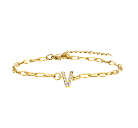Vnox 18K Gold Zircon Initial Bracelet,Letter Charm Link Stainless Steel Flat Cross Bracelet V