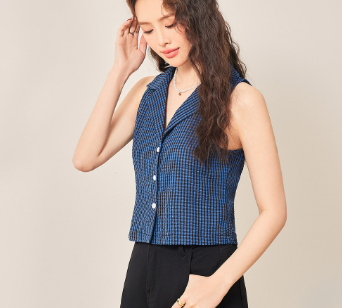 Lovito Women Casual Gingham Button Pattern Tank Top L70AD034 Dark Blue
