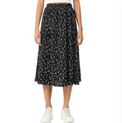 Lovito Fairy Elegant Midi Ditsy Floral A-line Elastic Midi Waist Women Skirts L21AS032 (Black)