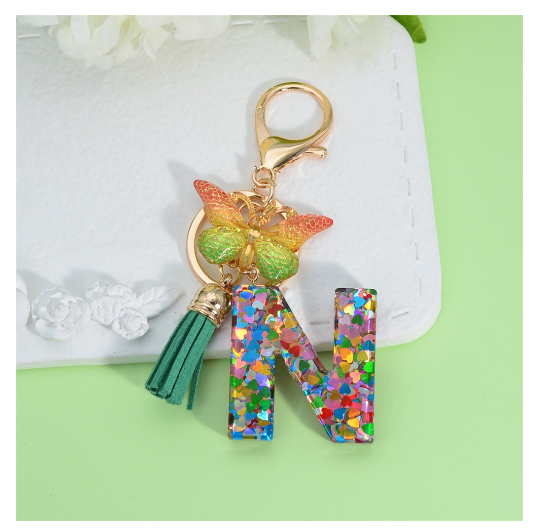 Fashion Butterfly Pendant 26 Letter Keychain Heart Sequins Filled A-Z Initial Key Chains With Tassel Bag Charms Accessories Gift N