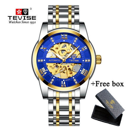 TEVISE Original Watch for Men Automatic Waterproof watch relo Gold Skeleton Luxury Stainless Steel Steel leather strap Luminous 9005A 3