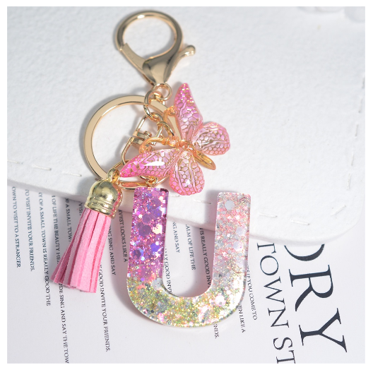 Glitter Sequin Filled 26 Letter Keychain With Tassel Exquisite Butterfly A-Z Alphabet Keyrings Women Bag Pendant Ornaments Gifts U