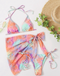 3 Piece Women Swimsuit Tie-Dye Wash Triangle Bikini Swimsuit