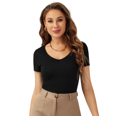 Lovito Casual Plain Short Sleeve V Neck T-Shirts for Woman L21LT135 (Black)