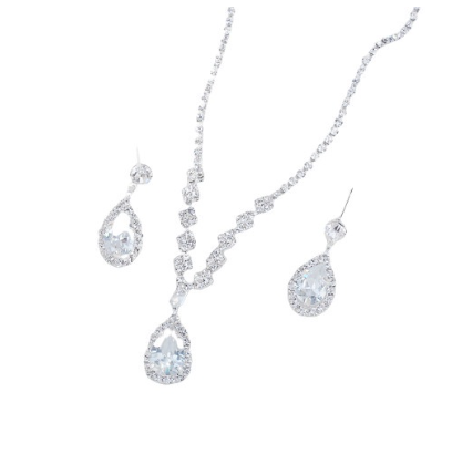 Vintage Crystal Necklace Earrings Silver Wedding Jewelry Set