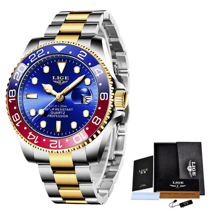 LIGE Men's Watch Stainless Steel Relo For Male Business Watches Waterproof Unisex WristWatch GOLD BLUE RED