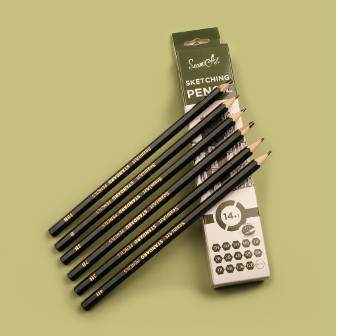 SeamiArt 6H-12B Standard Sketching Pencil With 1 Pc. White Charcoal Pencil 14 Pcs. Set
