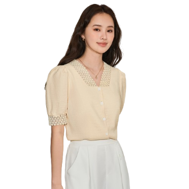 Lovito Elegant Plain Lace Button Front Puff Sleeves V Neck Short Sleeves Blouse L45ED056 (Off White)