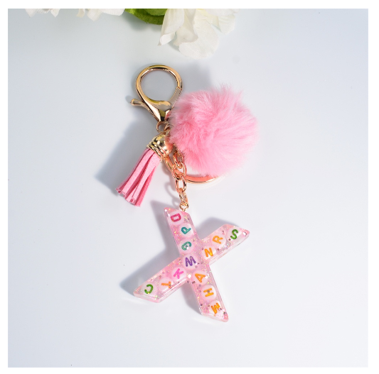 Exquisite Pink A-Z Letter Resin Keychain With Hairball 26 Initials Keyring Charms Women Bag Ornament Best Festival Gift X