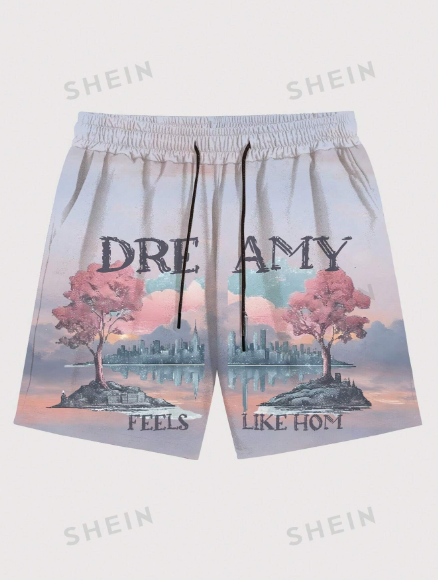 ROMWE Men's Simple Drawstring Printed Casual Shorts For Daily Wear