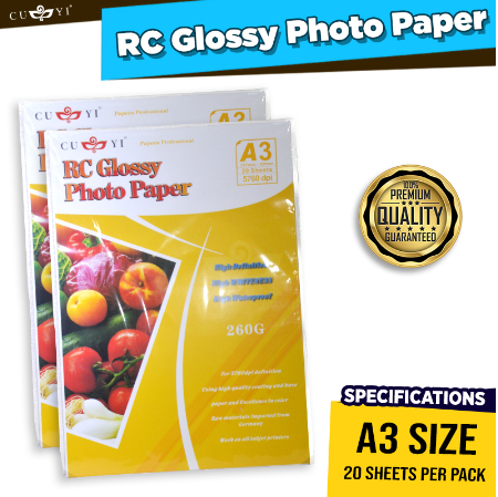 A3 Size Cuyi Rc High Glossy Photo Paper 260Gsm 20 Sheets / Pack