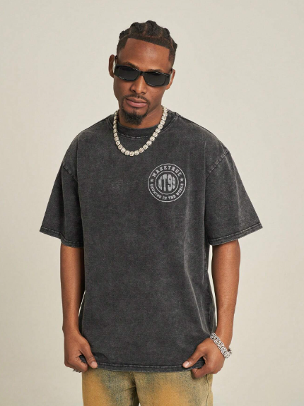 MT99 American Badge Pattern Printed Distressed T-Shirt, Unisex Loose Short Sleeve Tee, Washed Black