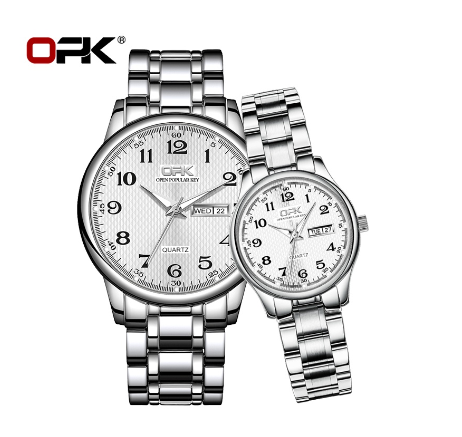 OPK Couple Watch Waterproof Original Silver Gold With Box Stainless Steel Watch WHITE DIAL SILVER CASE STRAP