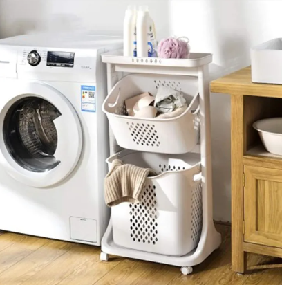 2-Layer Utility Laundry Basket Hamper Rolling Cart, Detachable Layering with Pulley Design