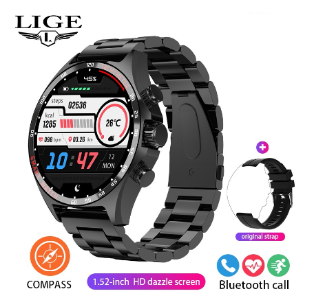 LIGE New GPS Smart Watch Men Outdoor Compass Sport Fitness Bracelet Bluetooth Call Clock Waterproof Steel Smartwatch STEEL BLACK