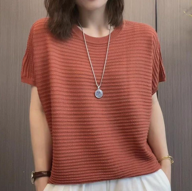 Knitted Blouse Plus Size Women's Summer Loose Hollow All-Match Short-Sleeved T-Shirt