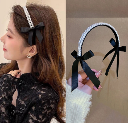 Korean Pearl Bow Headband Girls Sweet Elegant Beads Thin Hair Band Woman Party Hair Accessories