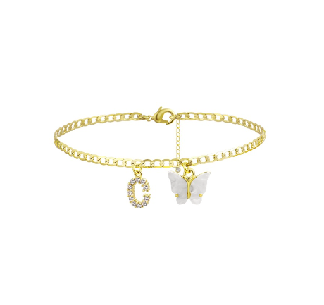 Fation Dainty Butterfly Initial Ankle Bracelets Handmade Cuban Chain White Butterfly A-Z Alphabet Letter Initial Anklets Summer Beach C