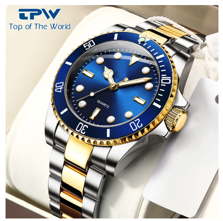 TPW Watch for Men Stainless Steel Strap Wristwatch Japanese Quartz Movement Watch GOLD BLUE