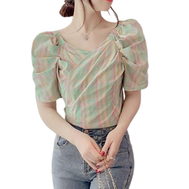 Lovito Women Ruched Wrap Puff Sleeve Blouse LNE21276 (Light Green)