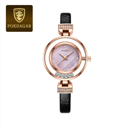 POEDAGAR genuine leather watch for women original waterproof korean style 2023 new fashion elegant diamond double ring dial design PINK