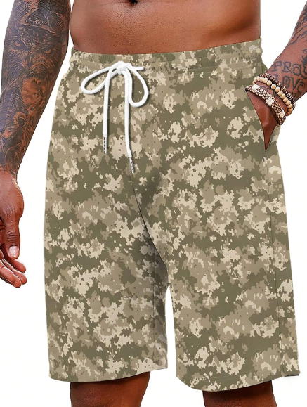 Men's Camouflage Printed Drawstring Wide-Leg Beach Shorts For Vacation
