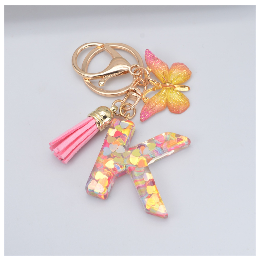 Exquisite 26 Letter Resin Keychain with Pink Tassel Gradient Butterfly Pendant Key Ring Women Bag Ornaments Accessories K