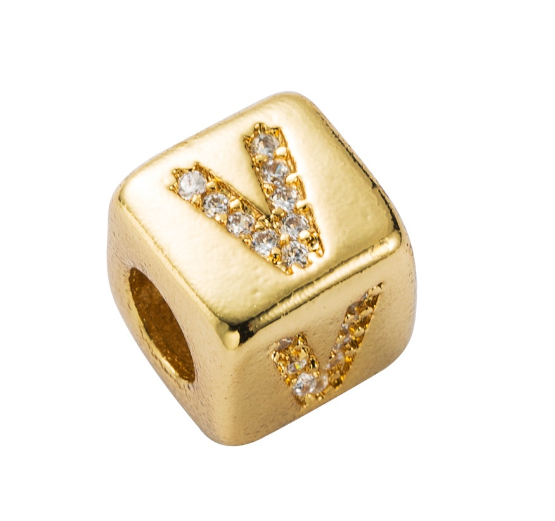 Gold Rhinestone Letters Cube Charm for Bracelet Necklace A-Z Alphabet Dice Beads V