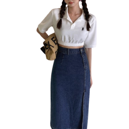 Lovito Women Split Front Ruched Zip-Back Fastening Denim Skirt LNE31270 (Dark Blue)