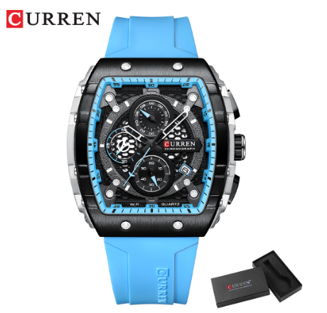 CURREN Original Brand Men's Watch Multifunctional Timing Luminous Silicone Waterproof Fashion Business Sports Quartz 8442 BLUE BLACK